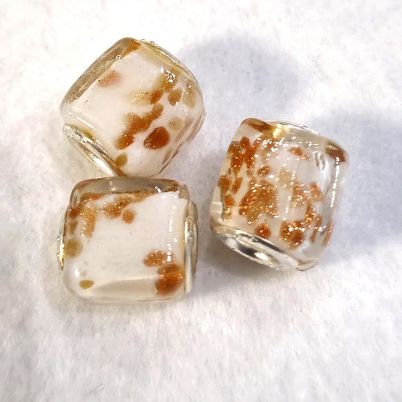 Set of 3 White Gold Murano Glass Square European Beads 925 Sterling Silver Core - Picture 1 of 7